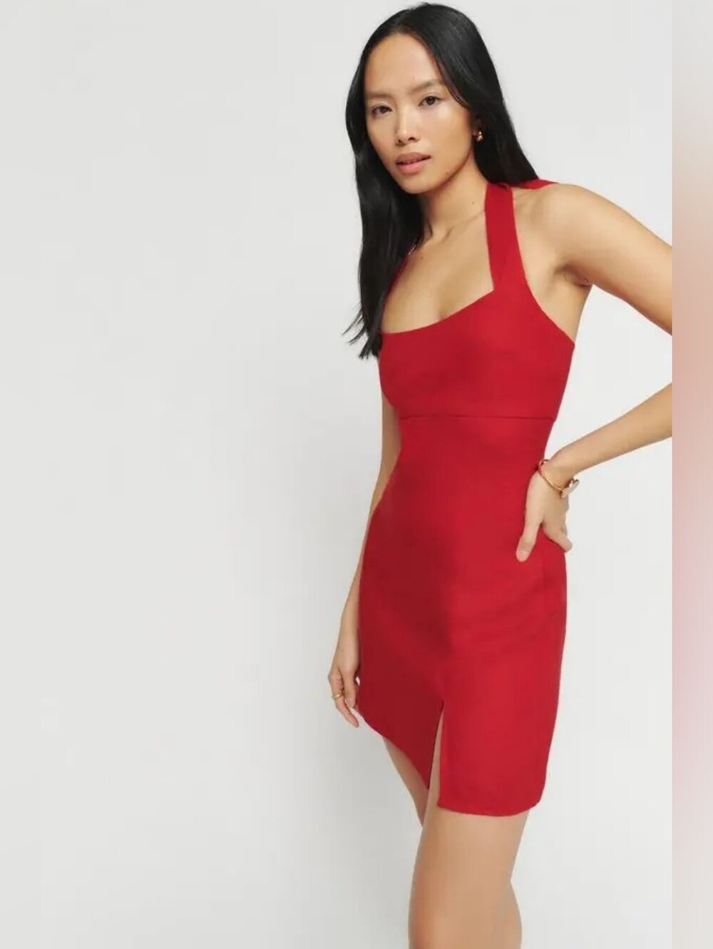 Reformation Isha Linen Halter Mini Dress in Cherry Red, 0, XS, Tomato Girl, Euro